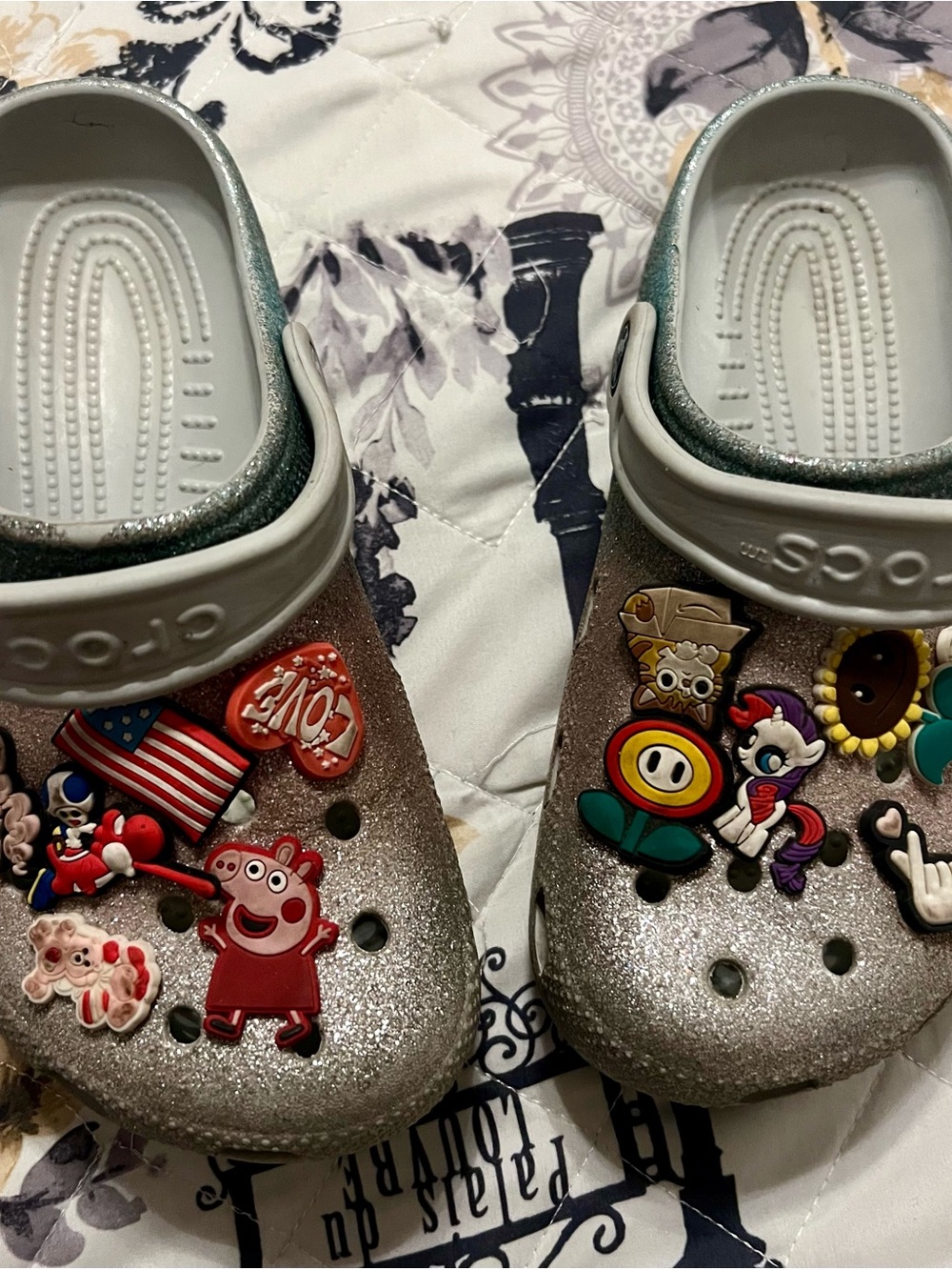 CROCS Silver Glitter Clogs with Colorful Jibbitz Charms